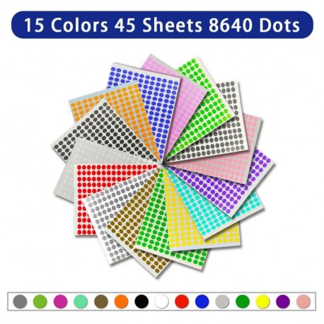 Pegatina Redonda Colores 10mm Etiquetas Adhesivas Circulares Removibles 15 Colores 45 Hojas 8640 Puntos para Organizador de C