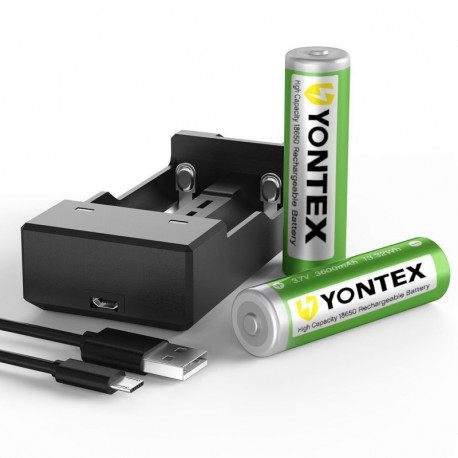 YONTEX 18650 Batería Recargable 3600mAh 3.7V Pilas 18650 Litio Cargador con puerto USB para linternas, cámara, etc. [2 x 1865