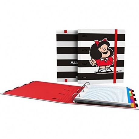 Grafoplás 88101948－Carpeta de anillas troqueladas A4, Diseño Mafalda Rayas, con sobre transparente, 4 separadores extra grues