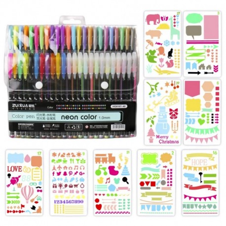 BBLIKE 48 Colores Bolígrafos de Gel para colorear y 9pcs Plastico Plantillas Dibujo Stencil Bullet Journal para - Incluye pur