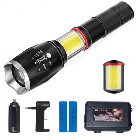 Didisky Linterna LED Recargable Tactical Flashlight 2 en 1 + Luz Lateral COB LED, 2 Batería Incluidas