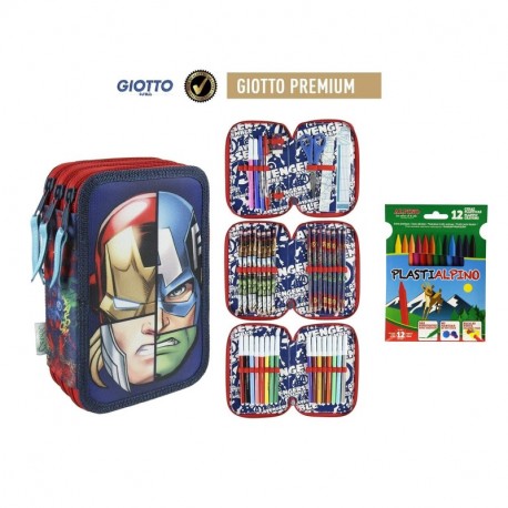 Plumier Estuche Premium de Cremallera Triple 3 Pisos Avengers Marvel 43 Piezas Contenido Giotto + Regalo 12 Ceras Alpino Plas