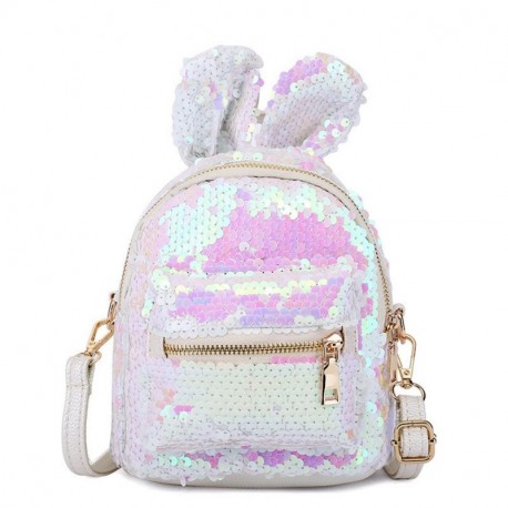 OneMoreT - Mochila pequeña con lentejuelas para mujer, diseño de orejas de conejo, blanco