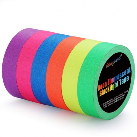 Neon Tape [6 Rollos] Cinta Adhesiva,UV Fluorescente Luz Negra, Neón Gaffer Tape, Glow In The Dark, Blacklight, 6 Colores, 25M