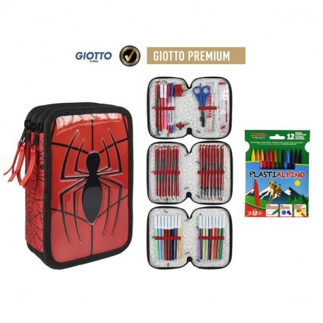 Plumier Estuche Premium de Cremallera Triple 3 Pisos Spiderman Marvel - 43 Piezas Contenido Giotto + Regalo 12 Ceras Alpino P