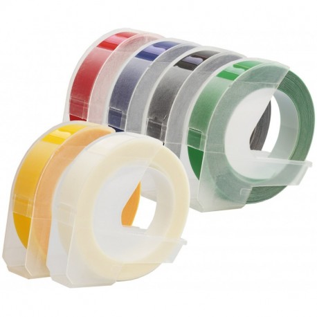 Pack de 6 bianco sobre negro rojo azul verde amarillo transparente 9mm x 3m Cintas de estampación autoadhesivas compatibles p