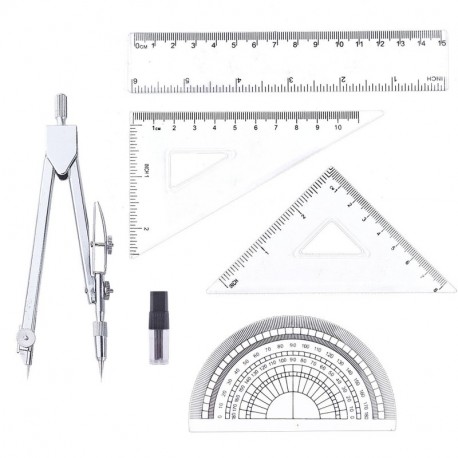 BronaGrand 5 piezas Math Geometry Tools Acero Inoxidable Dibujo Brújula y Reglas Plástico Set Protractor, Triángulo 30/45 Gr