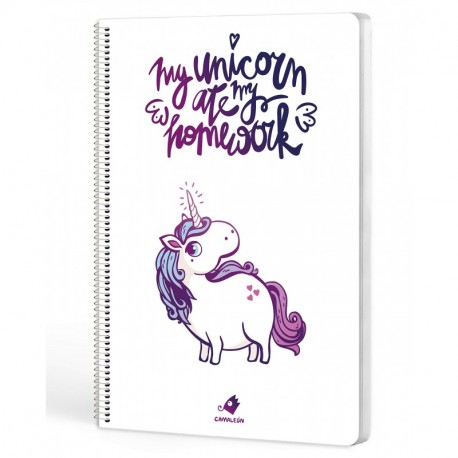 Cuadernos Camaleón, tamaño A4, espiral, cuadri­cula 4x4, tapa dura, diseño my unicorn ate my homework mi unicornio se comió 