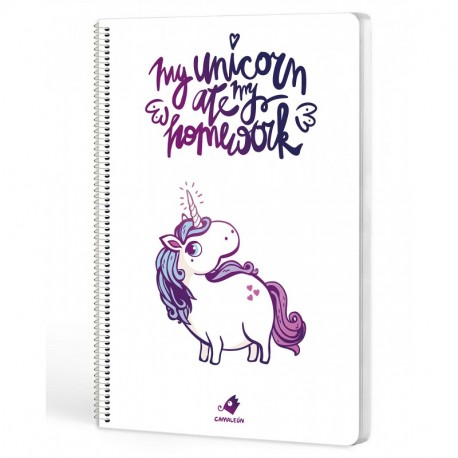 Cuadernos Camaleón, tamaño A4, espiral, cuadri­cula 4x4, tapa dura, diseño my unicorn ate my homework mi unicornio se comió 