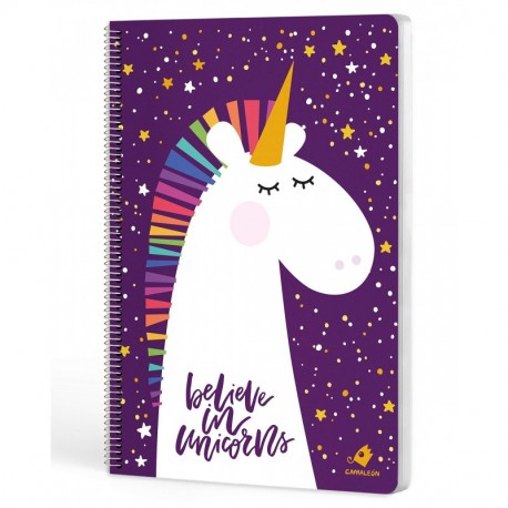 Cuadernos Camaleón, tamaño A4, espiral, cuadricula 4x4, tapa dura, modelo Belive in unicorns