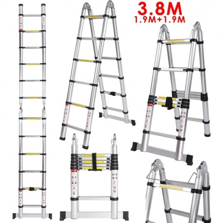 Voluker 3.8M Escaleras plegables aluminio,Escalera Telescópica ,1.9M+1.9M,Escalera aluminio Carga maxima150kg