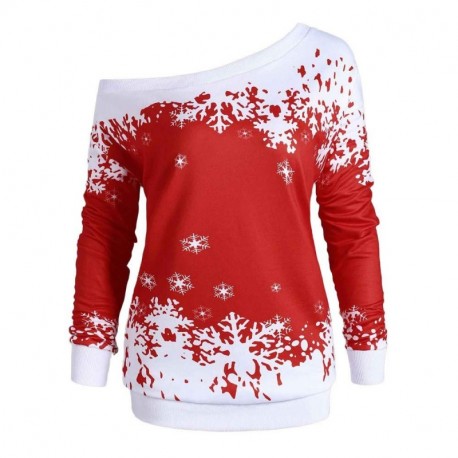 BBestseller Sweatshirt Camiseta de Manga Larga para Damas de Gran tamaño Fuera del Hombro suéter Copo de Nieve de Navidad Blu